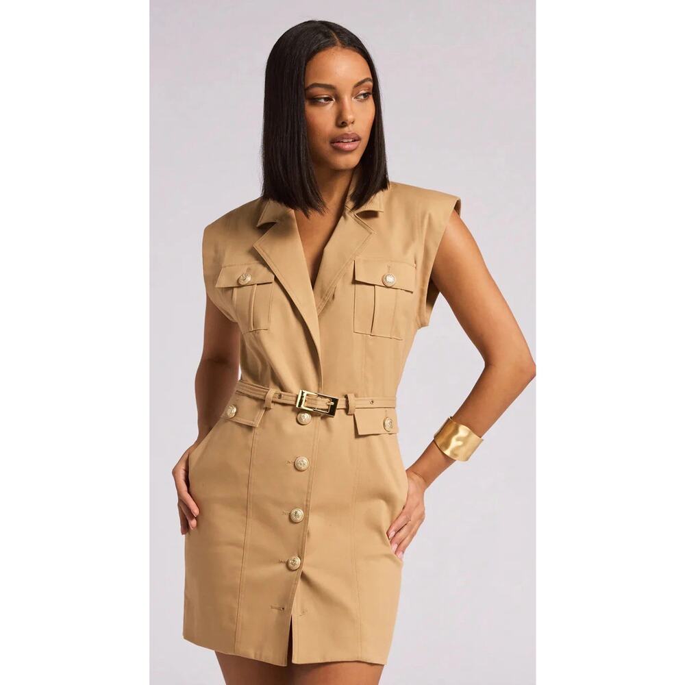 Generation Love Gabardine Dress Safari Tan Women’s XS Golden Buttons Belted